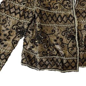 Vintage 80s Silk Beaded Jacket Gold and Black Women's Size Medium
